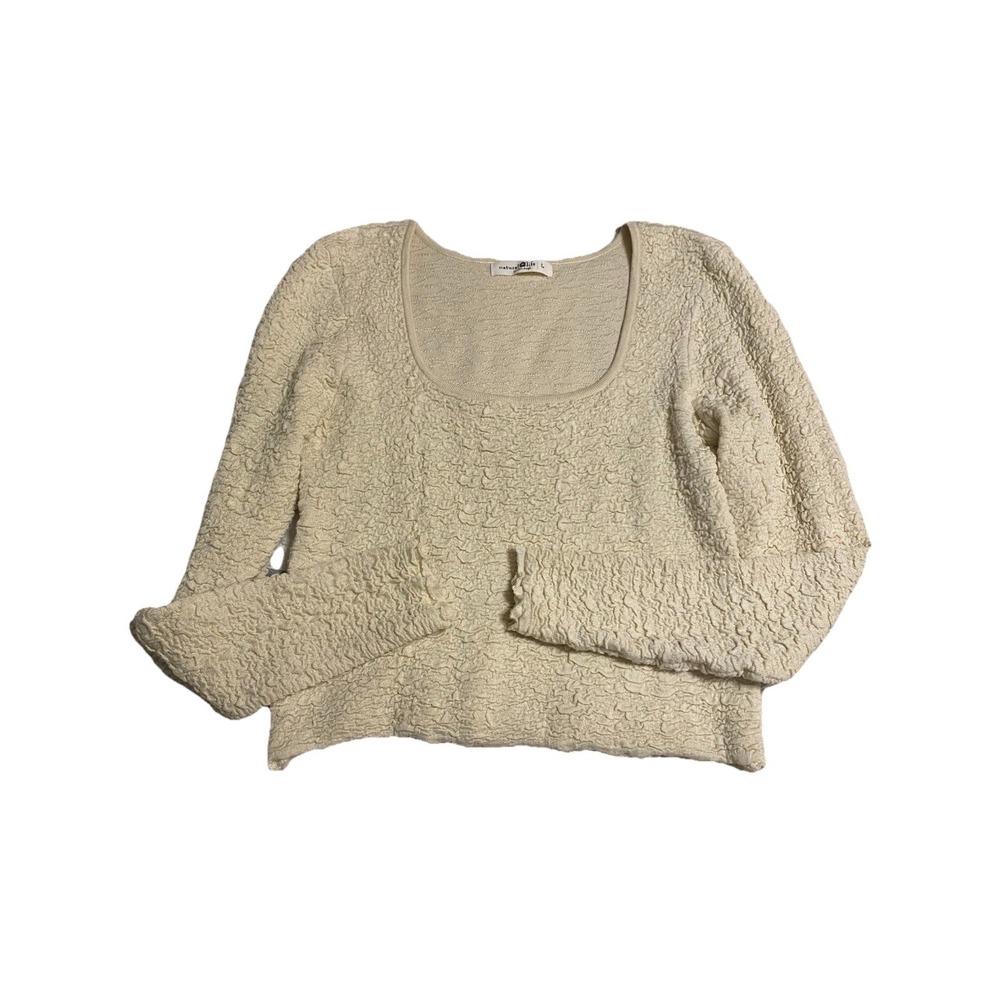 Natural Life Popcorn Knit Top Size L Cream Textured Scoop Neck Long Sleeve Boho